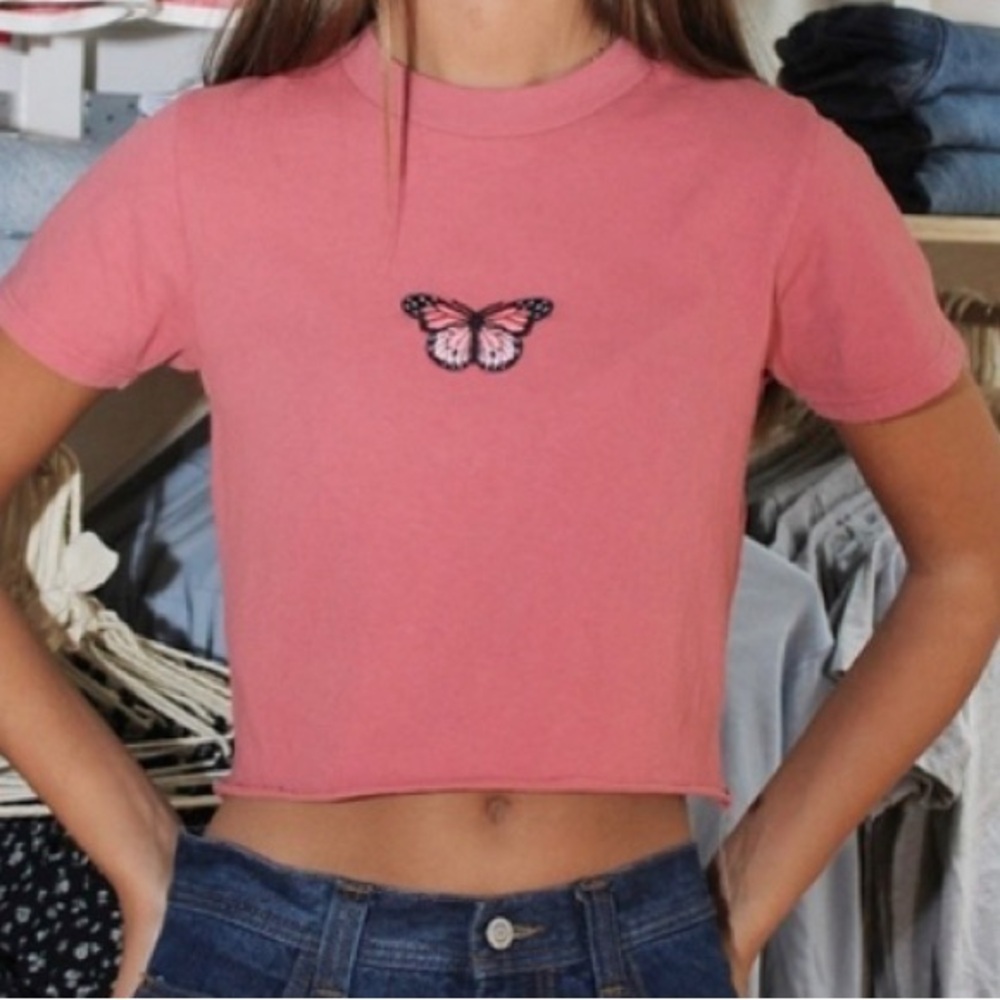 Brandy Melville Butterfly Embroidered Tee in Coral